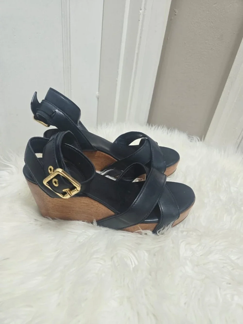 Tory Burch Almita Black Leather Ankle Strap Platform Wedge Sandals size 8.5M